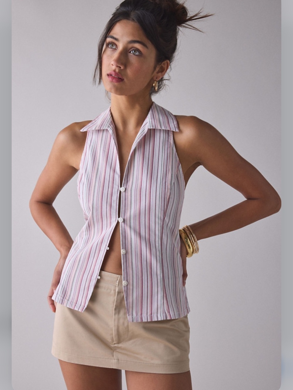 NWT Party Girl Cotton-Blend Button Down Sleeveless Shirt Urban Outfitters